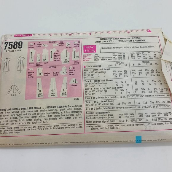 Simplicity 7589 Vintage Sewing Pattern 1960s Dress & Jacket Miss Size 12 Bust 34 - Picture 5 of 7